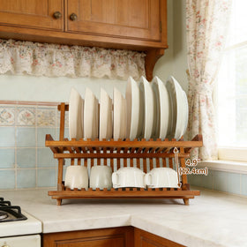 Utoplike teak rack top tier with dinner plates in vertical slots