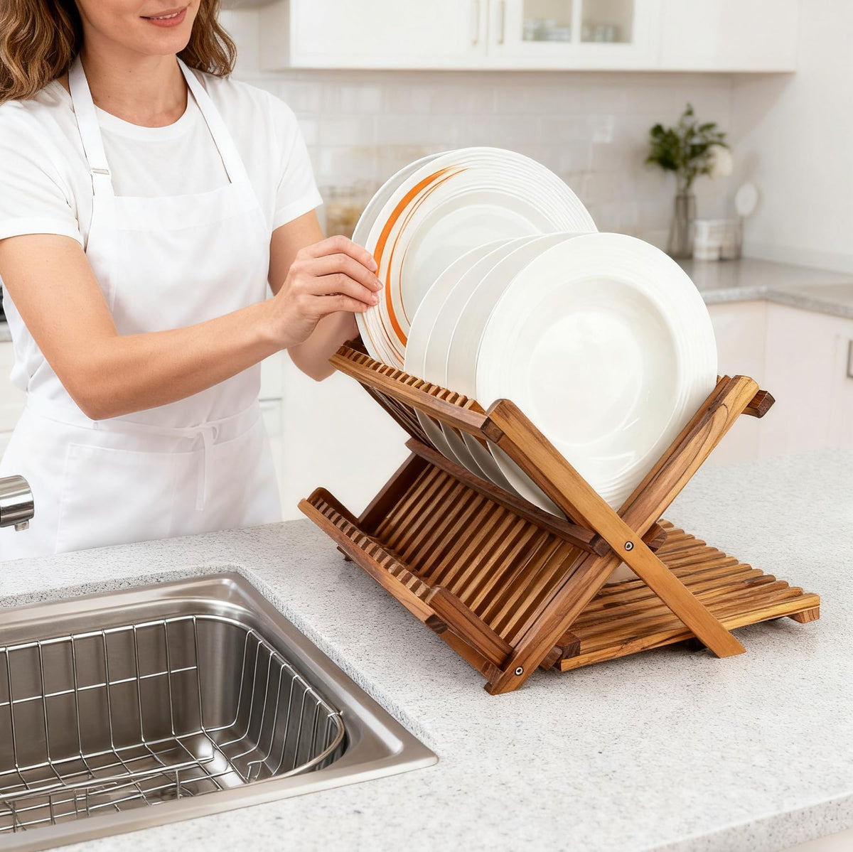 Folded teak drainer by Utoplike saves counter space in compact kitchens