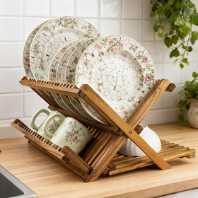Natural teak wood finish shown on Utoplike dish drainer for easy maintenance