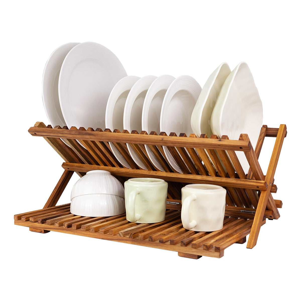 Utoplike teak dish drying rack top view with three tiers for organized drying