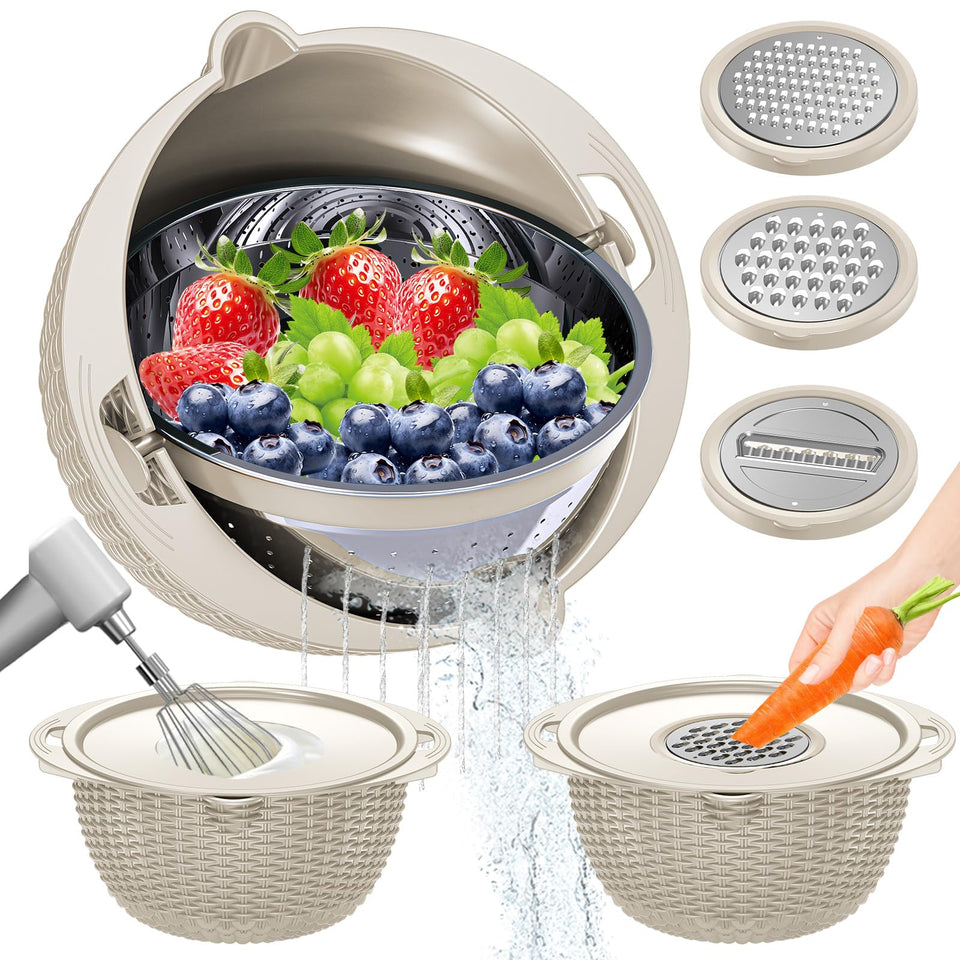 UTTKOJ 4-in-1 colander with bowl rotating for mess-free draining