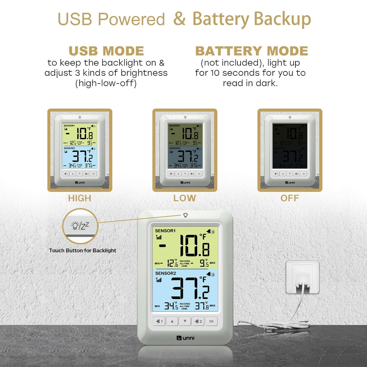 U UNNI two-sensor setup shows separate fridge and freezer temps