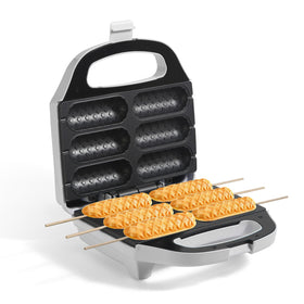 UVFAST corn dog waffle maker showing six-at-once capacity for family breakfasts