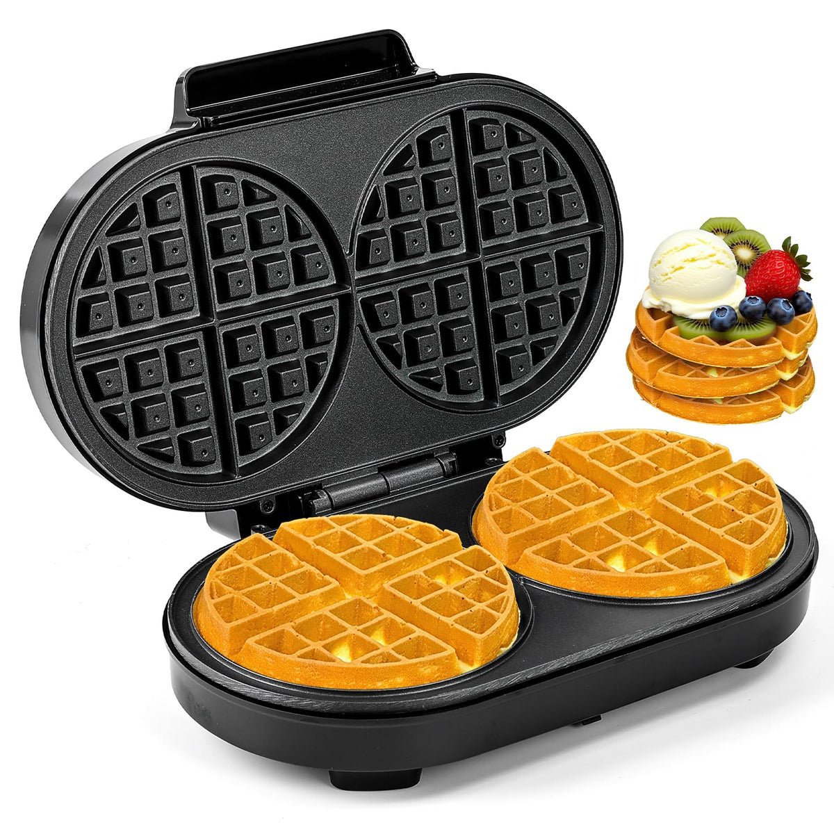 UVFAST double waffle maker front view showcases compact design for quick breakfasts.