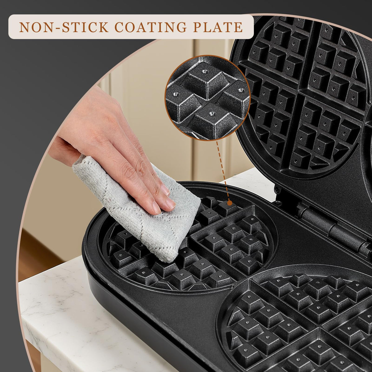 UVFAST indicator lights guide operation for safe, efficient waffle making.