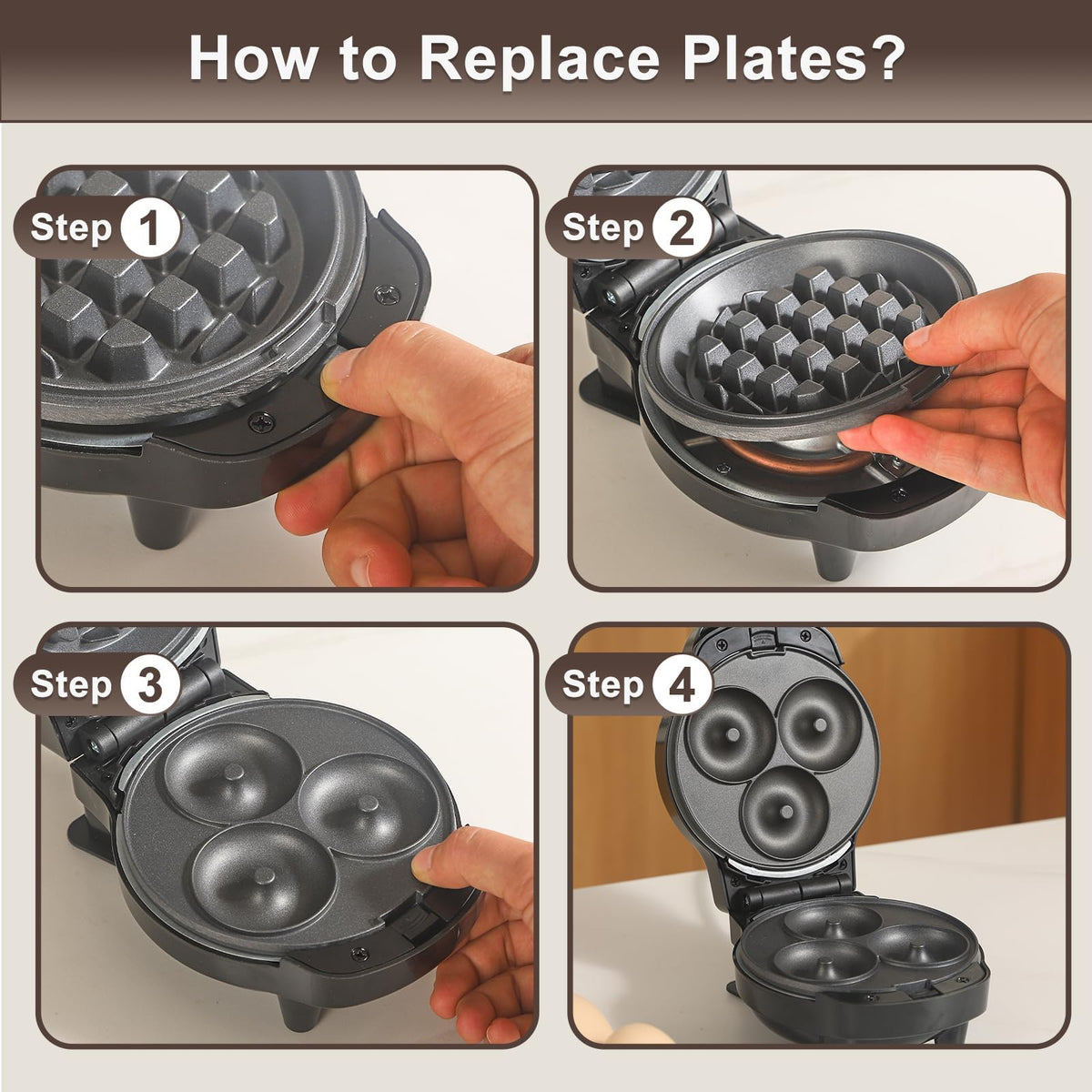 UVFAST Mini Waffles Maker donut plate for playful snacks in minutes.