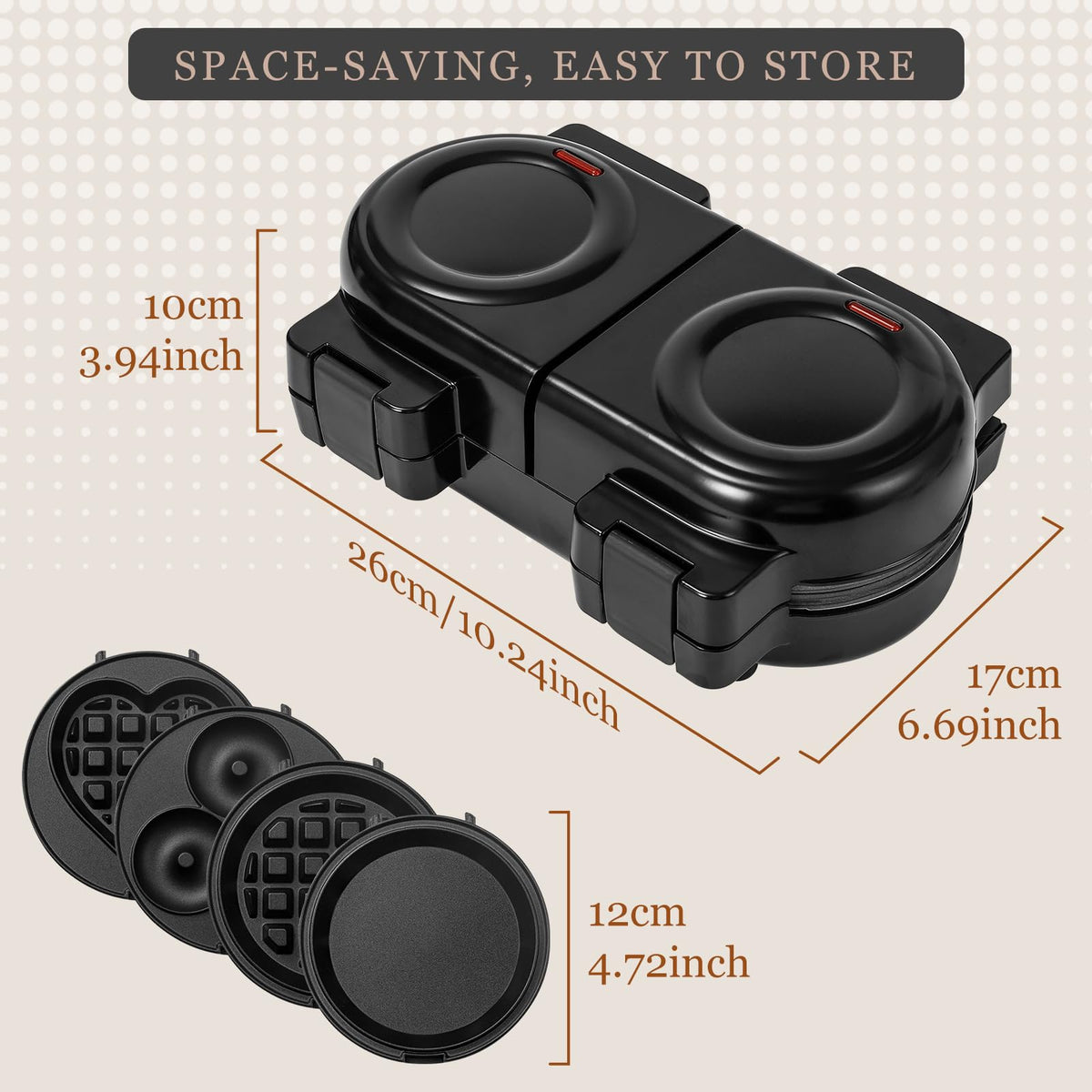 UVFAST Mini Waffles Maker removable plates show the four shapes for variety