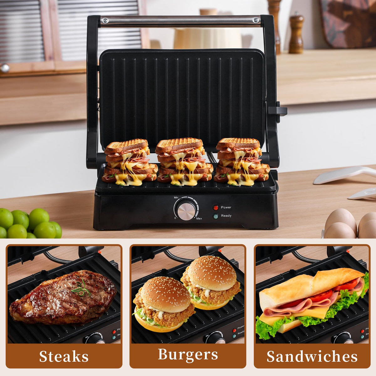 UVFAST Panini Press Grill indicator lights show power, heating, and ready status