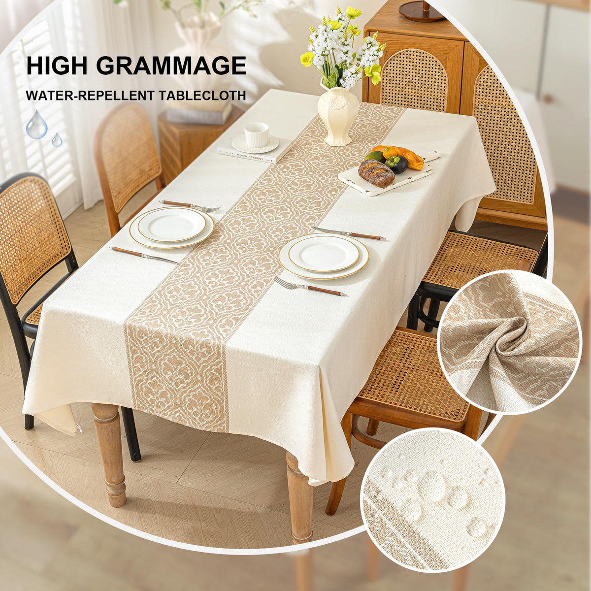 UWWGKK Nordic Beige tablecloth drape adds elegant, refined dining ambiance.