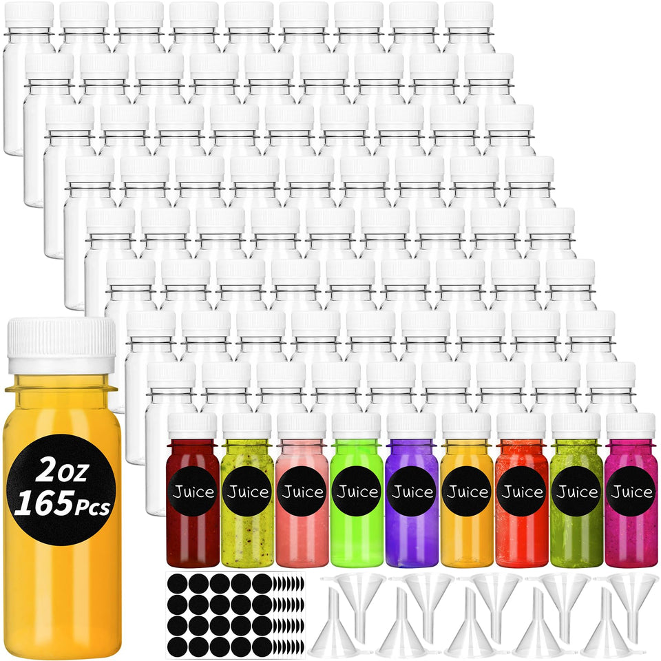 UZLU 147pcs 2oz bottles with black caps for portable, spill-free portions.