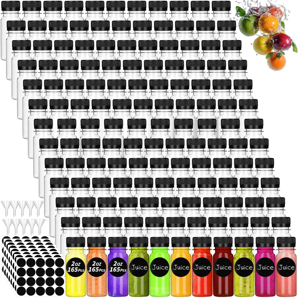 UZLU 165-pcs 2oz bottles with black caps for portable, leak-proof storage.