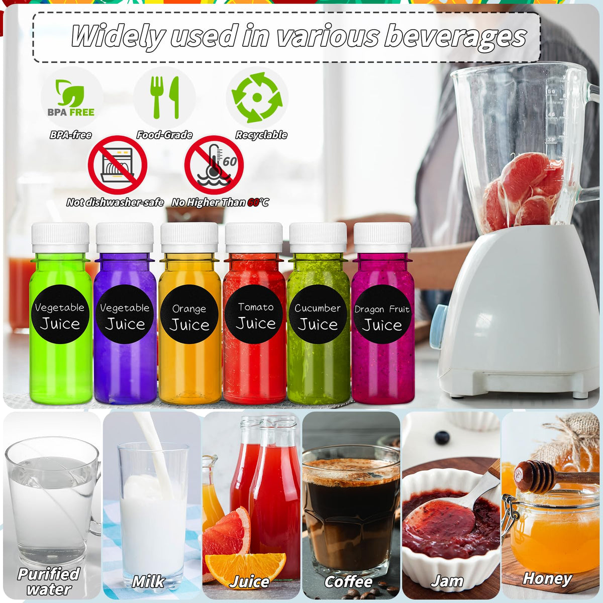 UZLU clear, high-transparency bottles showcase colorful drinks.