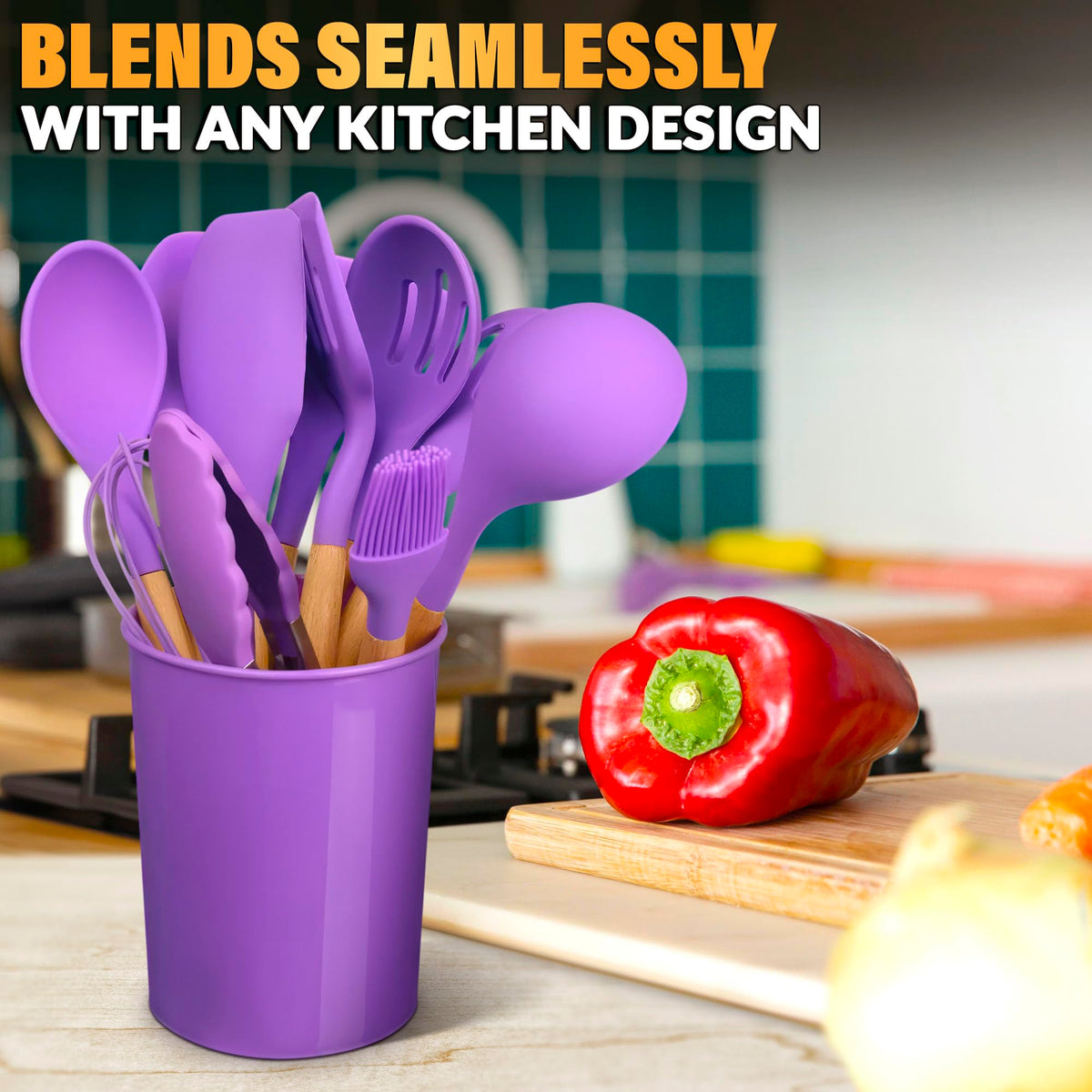 V TOWER purple utensils storage crock keeps tools neatly organized.