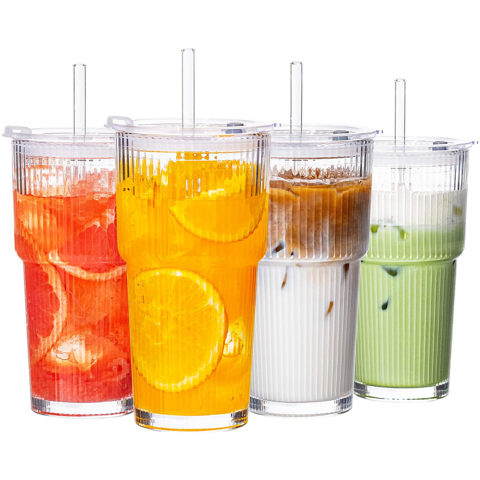 VA1KENE 20oz glass tumbler with lid and straw for spill-safe on-the-go coffee.