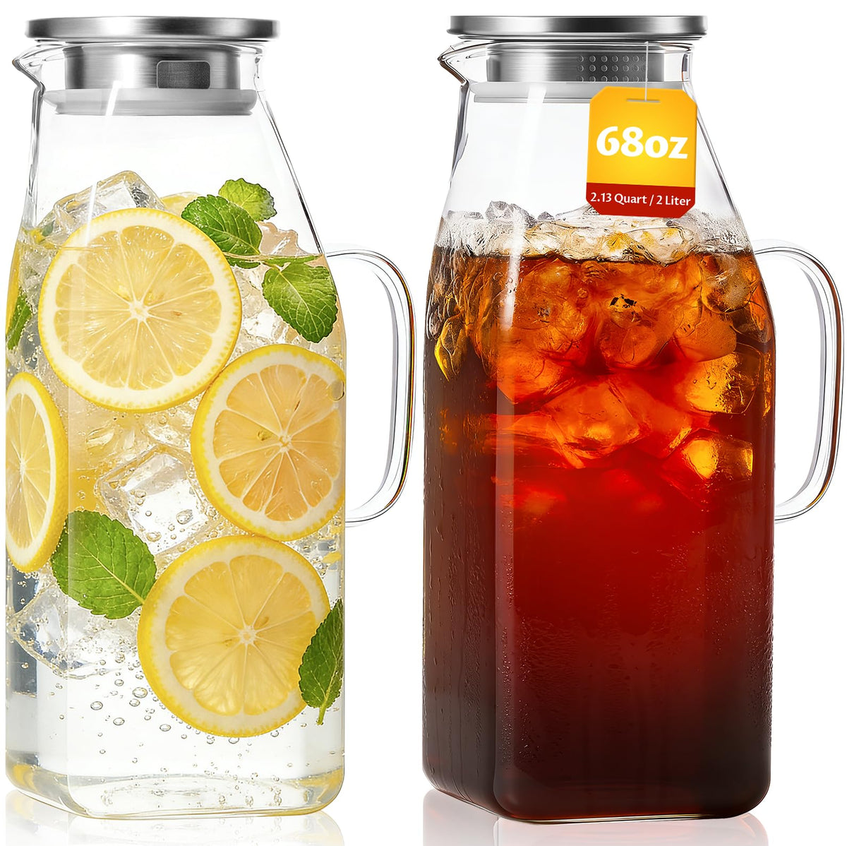 VA1KENE 2-pack 68oz square glass pitcher with lid for easy cold drink storage.