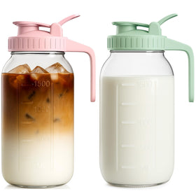 VA1KENE 64oz glass breast milk pitcher with lid and spout for safe, mess-free serving.