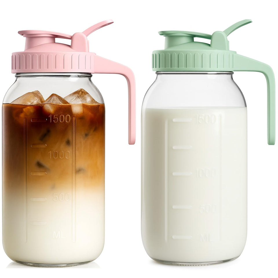 VA1KENE 64oz glass breast milk pitcher with lid and spout for safe, mess-free serving.
