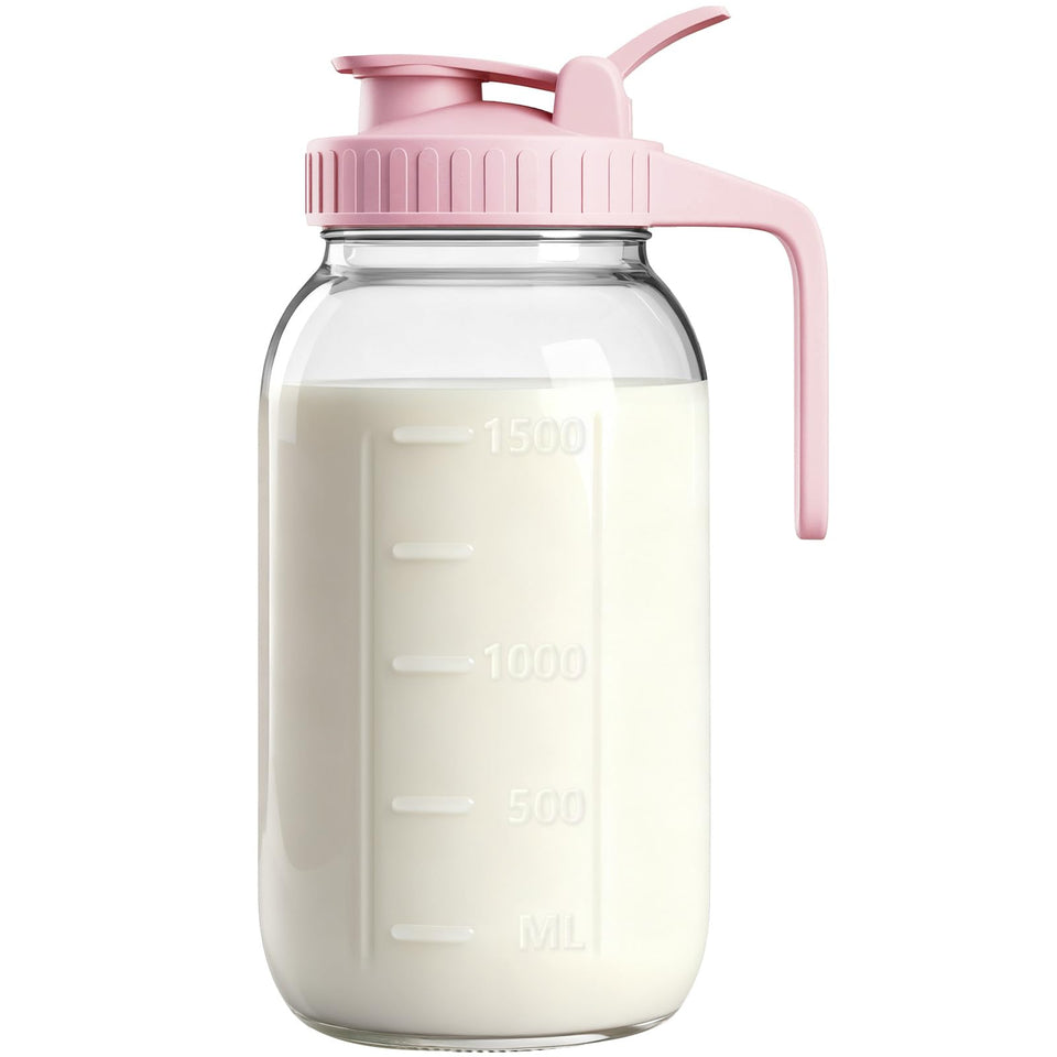 VA1KENE 64oz glass breast milk pitcher with lid for secure storage.