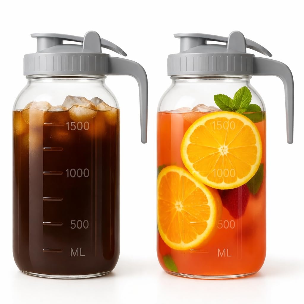 VA1KENE 64oz glass pitcher with wide mouth and lid, ideal for storing juice or tea.