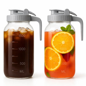 VA1KENE 64oz glass pitcher with wide mouth and lid, ideal for storing juice or tea.