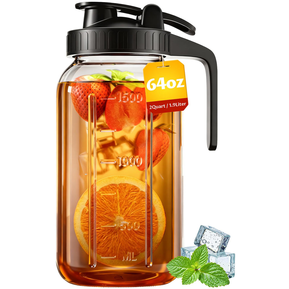 VA1KENE 64oz mason jar pitcher lid seals tightly to keep drinks fresh.
