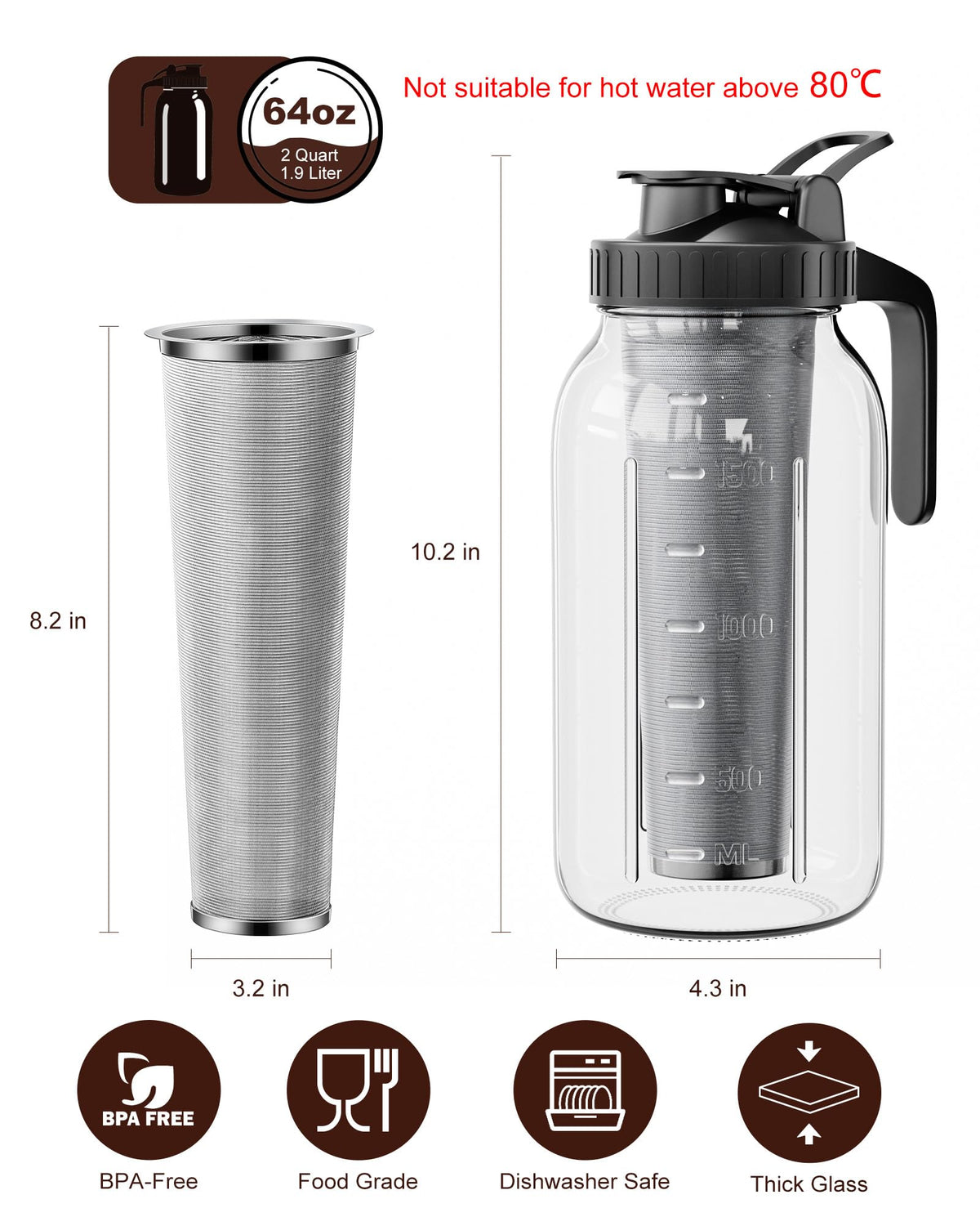 VA1KENE cold brew pitcher filter highlights 100-micron stainless mesh for smooth drinks