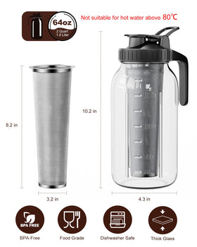 VA1KENE cold brew pitcher filter highlights 100-micron stainless mesh for smooth drinks