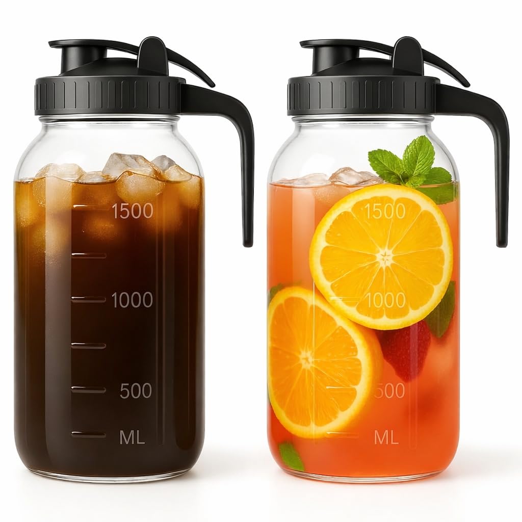 VA1KENE Mason Jar Pitcher front view showcases a durable 64 oz glass pitcher for everyday storage