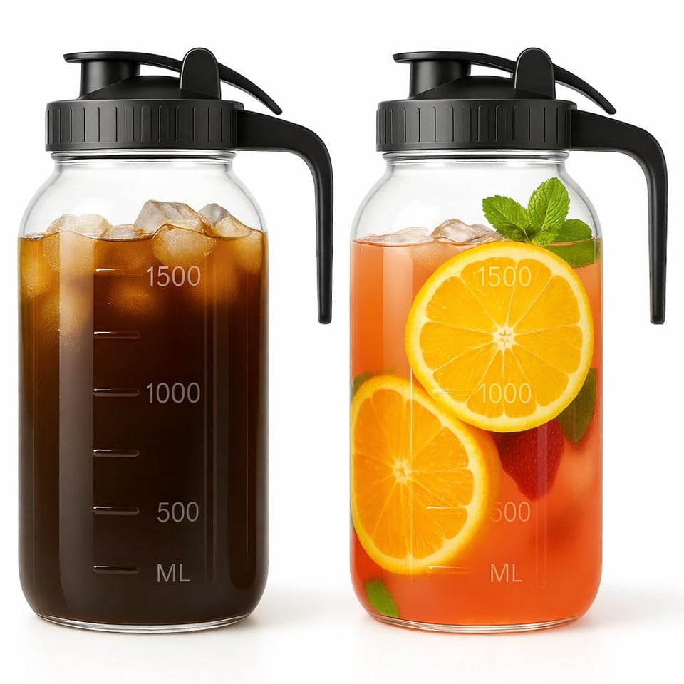 VA1KENE Mason Jar Pitcher front view showcases a durable 64 oz glass pitcher for everyday storage