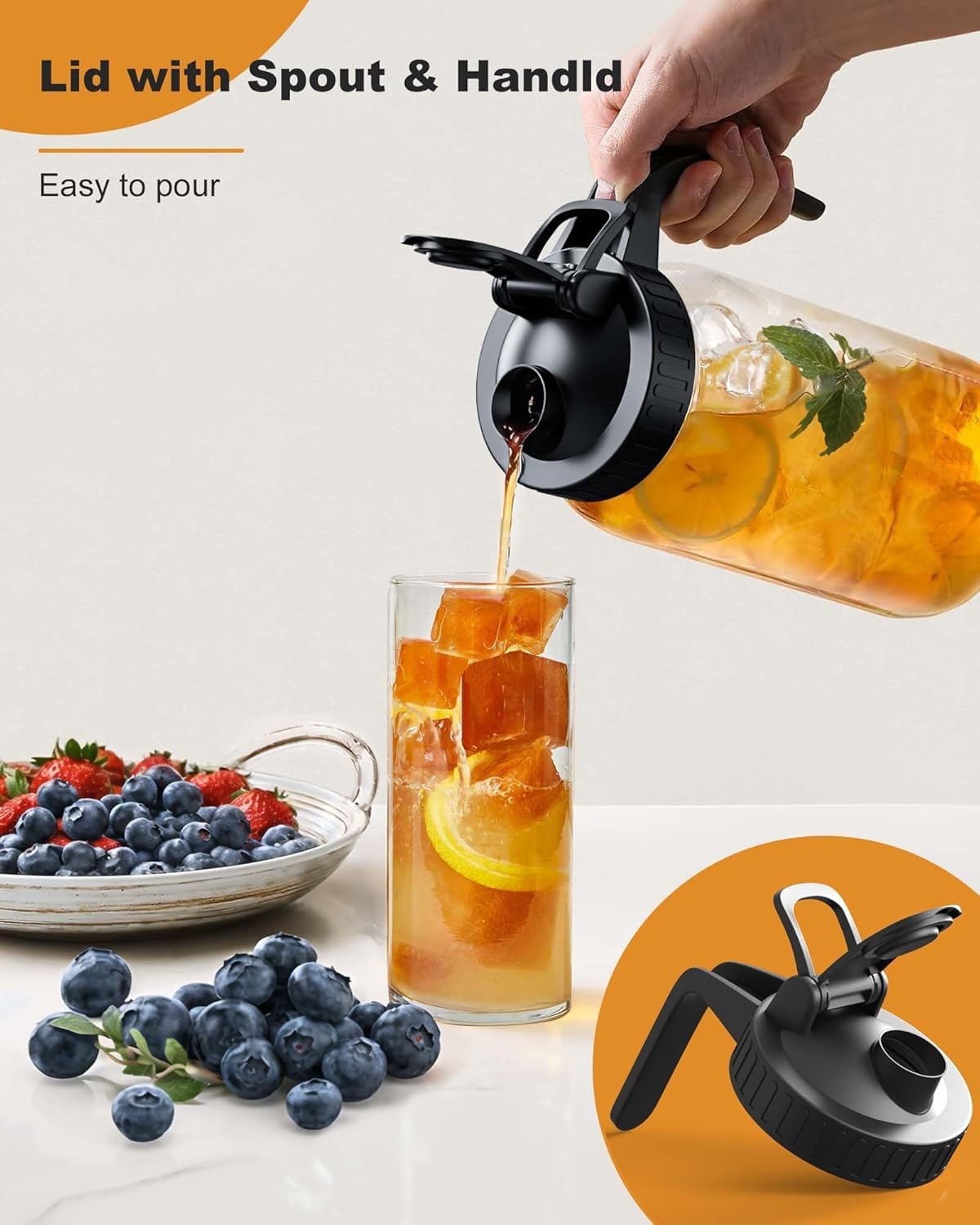 VA1KENE Mason Jar Pitcher pour spout demonstrates easy pour design for smooth, controlled pouring