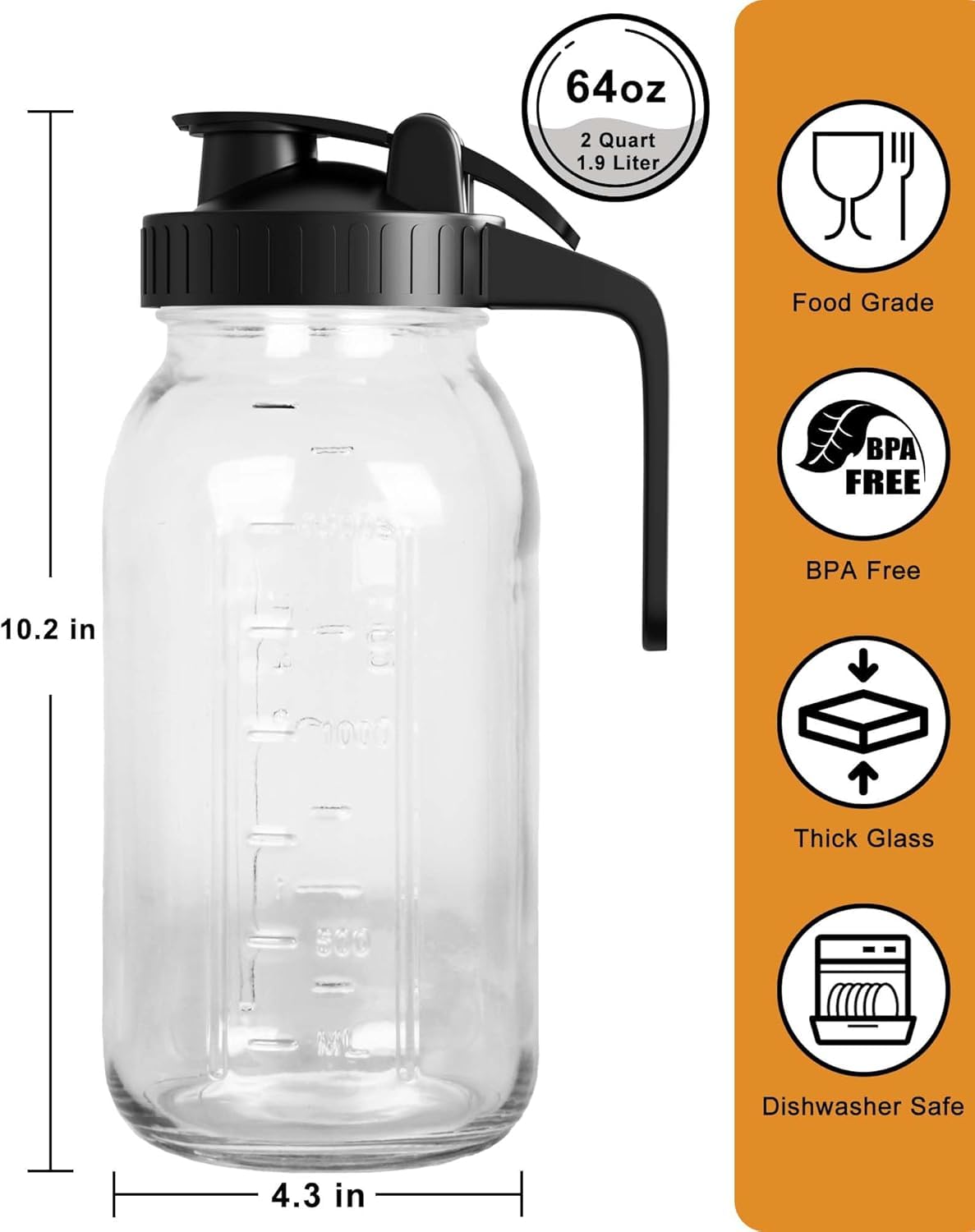 VA1KENE Mason Jar Pitcher lid and spout close-up highlights leakproof seal for mess-free pouring