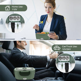 Vabaso lunch box in car use showing 12V/24V compatibility for on-the-road meals.