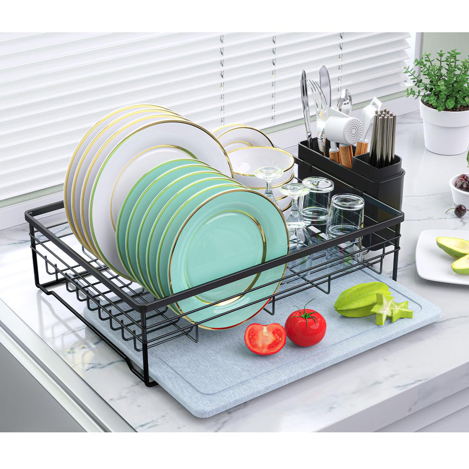 VABNEER dish drying rack with stone drying mat on counter for fast air-drying.