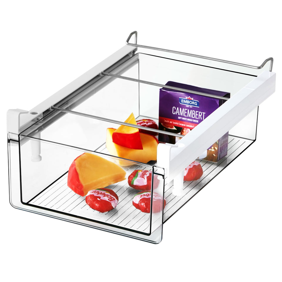 Vacane fridge drawer extended pull-handle for easy access and organized shelves.