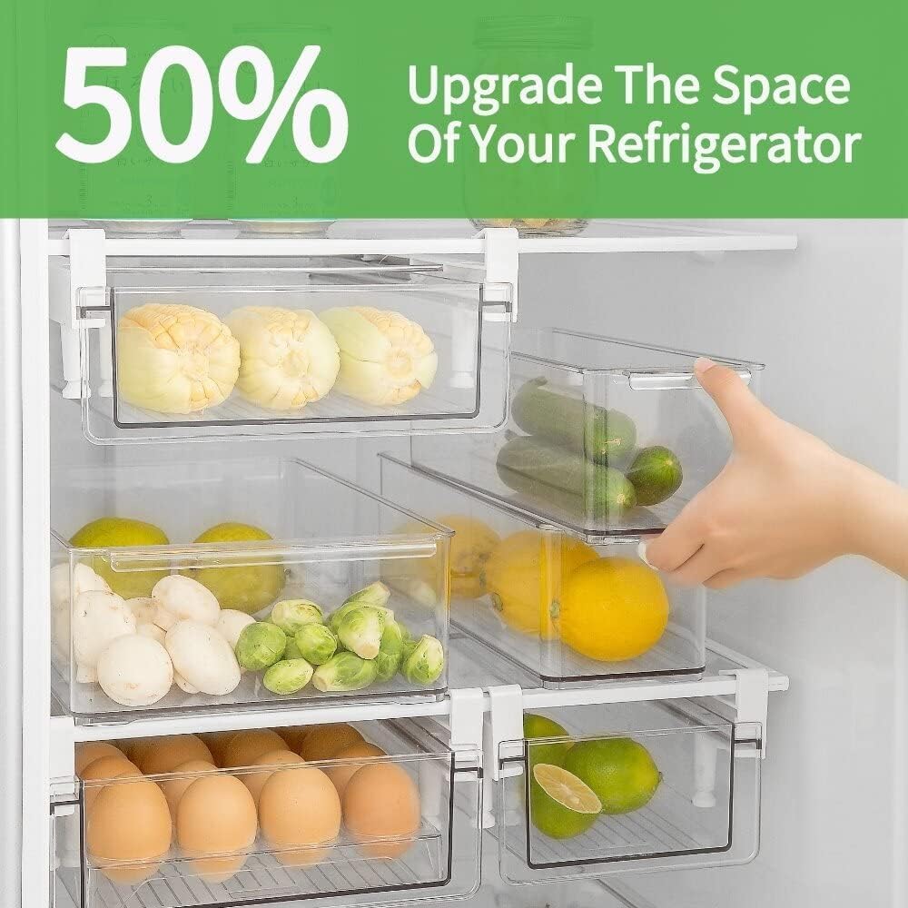 Vacane fridge drawer stretch-length demonstrates versatile fit on glass shelves.