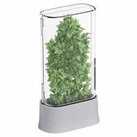 Vacane Herb Keeper in fridge front view shows clear container and herbs