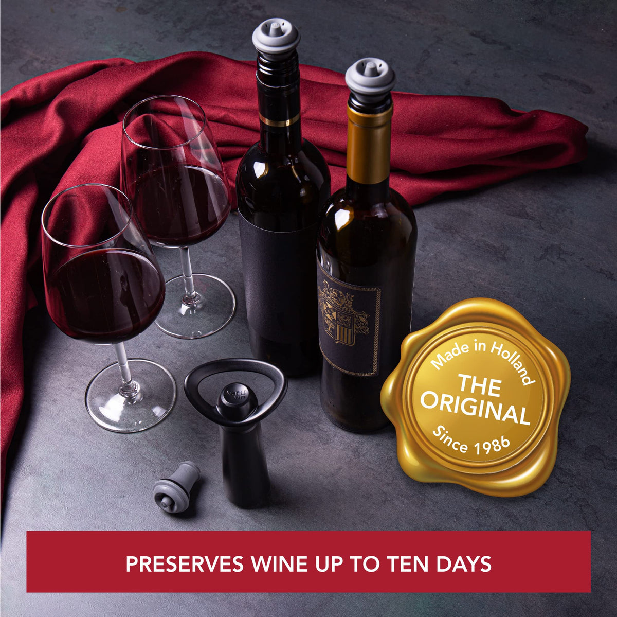 Vacu Vin Concerto stoppers collection provides reusable, leak-proof seals for standard bottles.