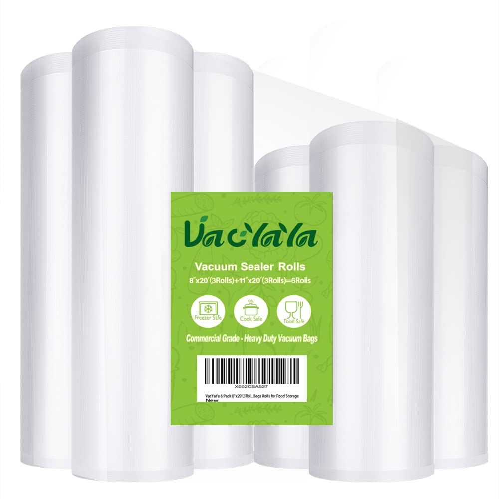 VacYaYa 6-pack 8x20 rolls ready for sealing, ideal for meal prep and freezer storage.