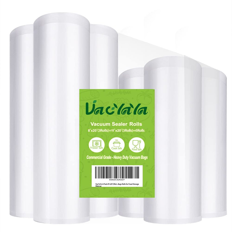 VacYaYa 6-pack 8x20 rolls ready for sealing, ideal for meal prep and freezer storage.