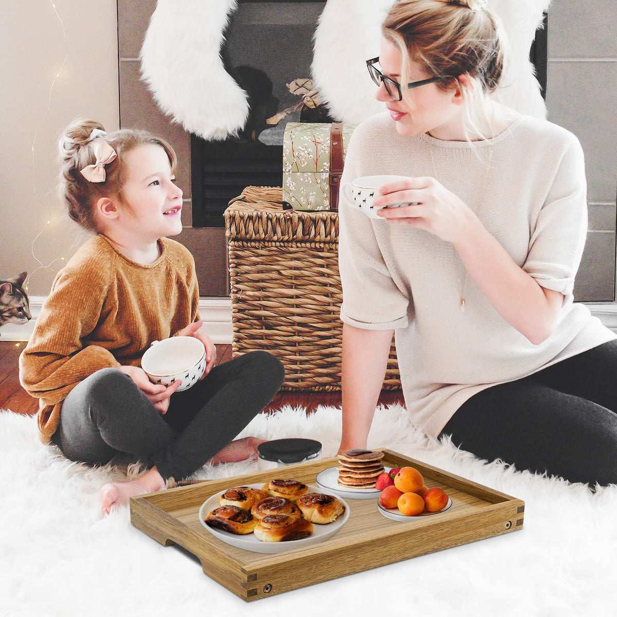 VaeFae Acacia tray used on bed and sofa for versatile use