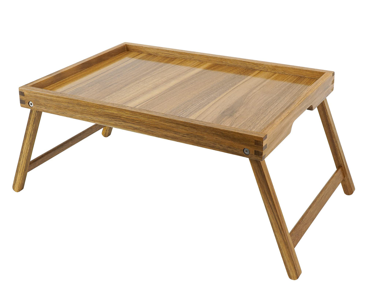VaeFae Acacia Bed Tray with folding legs positioned for bedside use