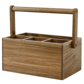 VaeFae Acacia silverware caddy with handle on kitchen counter for organized storage