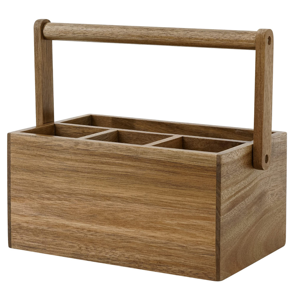 VaeFae Acacia silverware caddy with handle on kitchen counter for organized storage