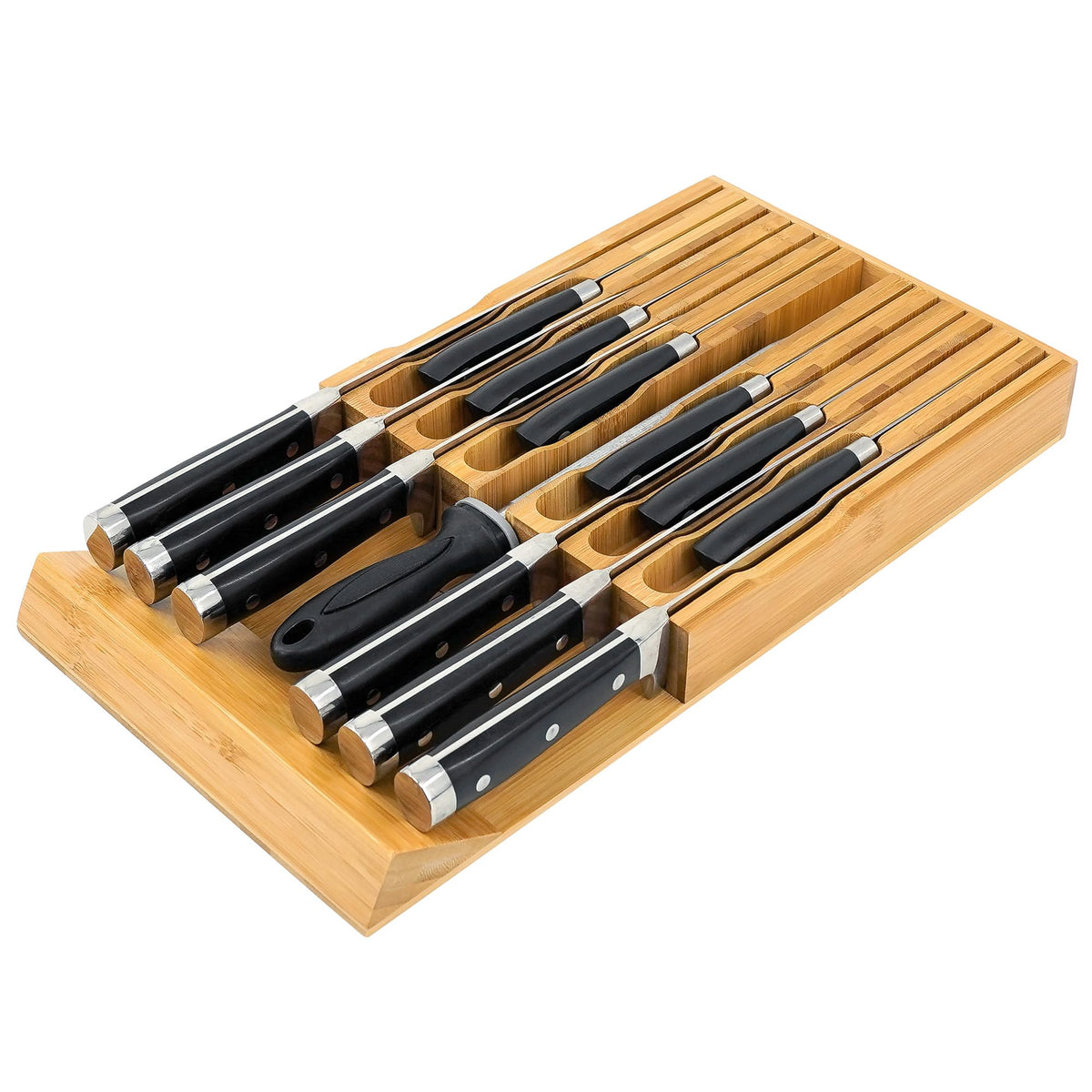 VaeFae bamboo knife drawer organizer with 12 slots keeps knives neatly stored.