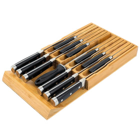 VaeFae bamboo knife drawer organizer with 12 slots keeps knives neatly stored.