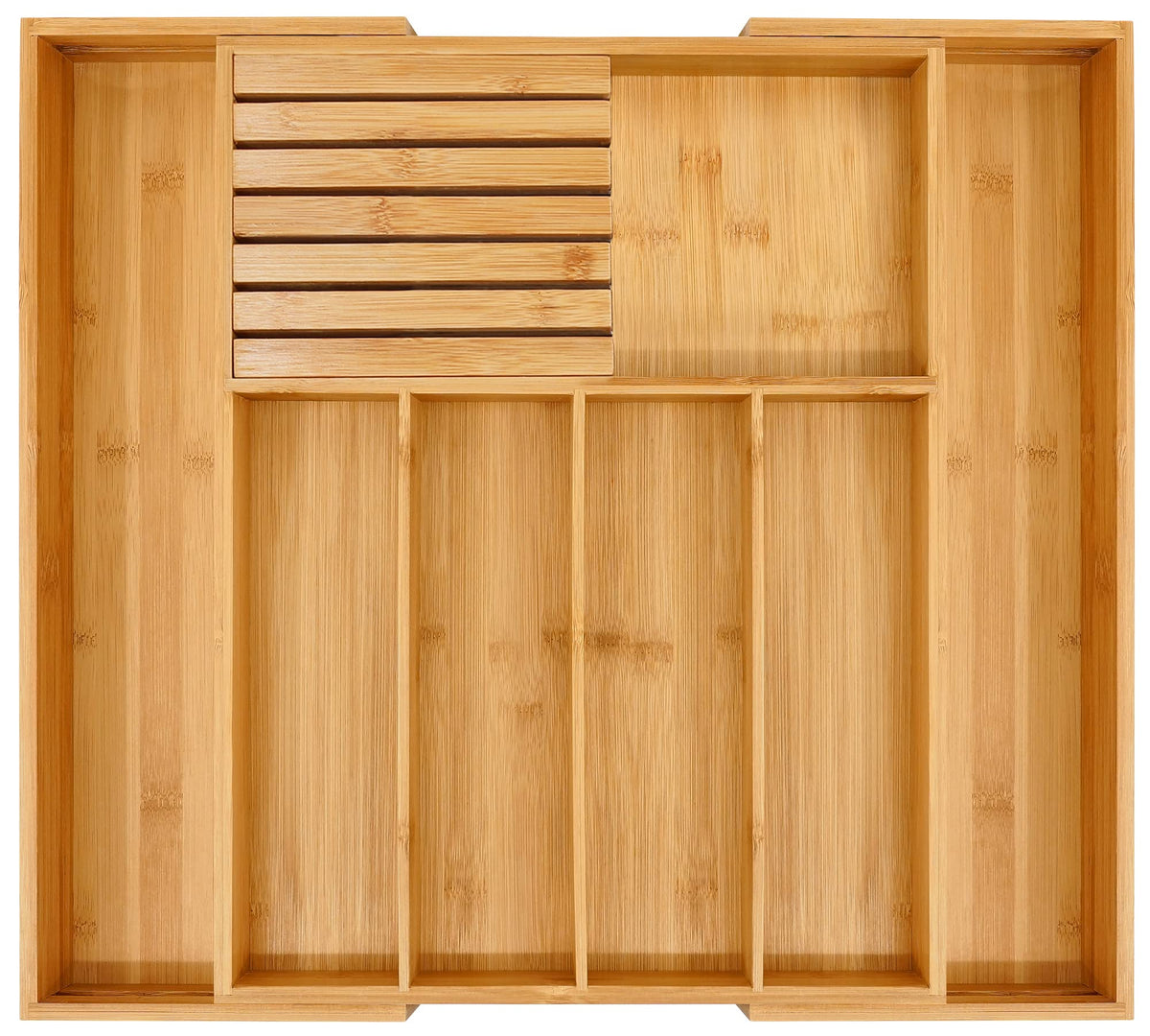 VaeFae bamboo silverware drawer organizer with expandable design for versatile kitchen storage.