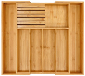 VaeFae bamboo silverware drawer organizer with expandable design for versatile kitchen storage.