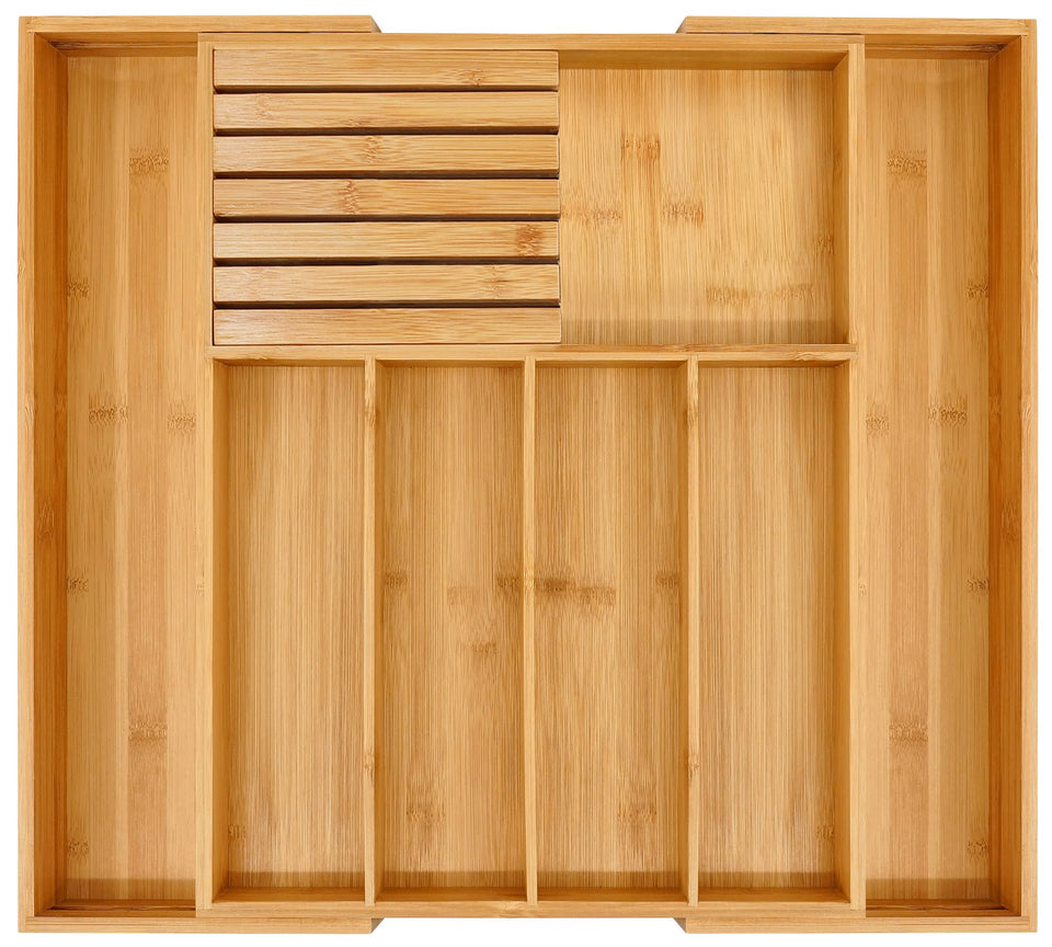 VaeFae bamboo silverware drawer organizer with expandable design for versatile kitchen storage.