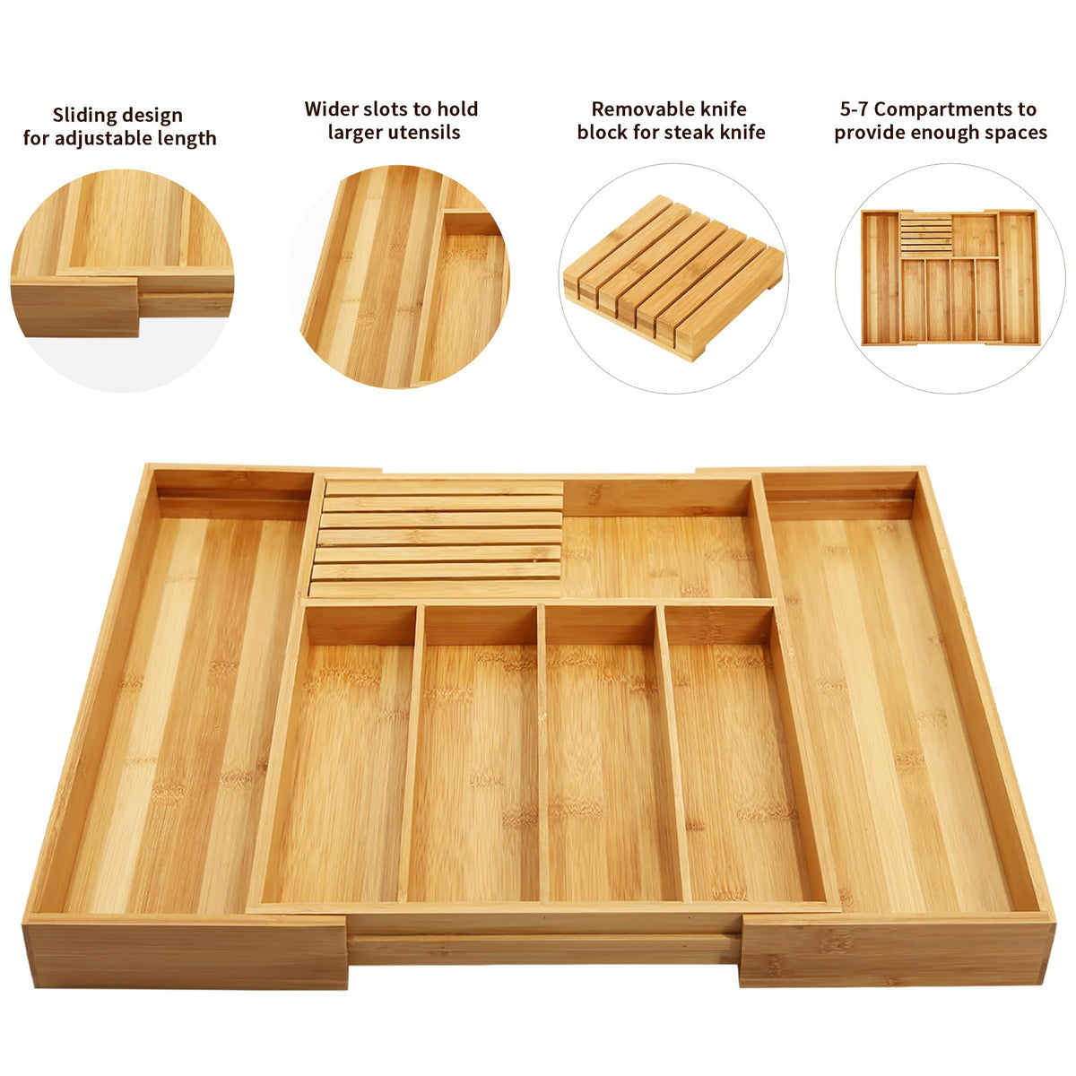 VaeFae bamboo organizer with dividers keeps utensils neatly separated.