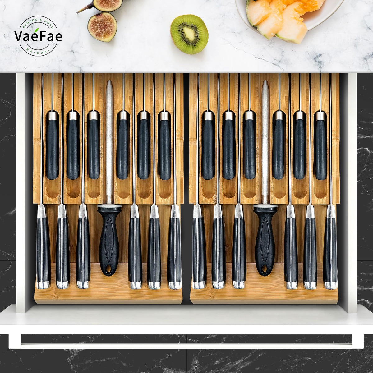 VaeFae knife storage keeps countertops clear and drawers organized after use.